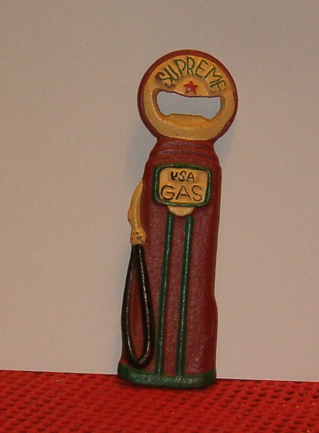 Vintage Iron Bottle Opener, Gas Pump Design, 1970's, 5 5/8"L