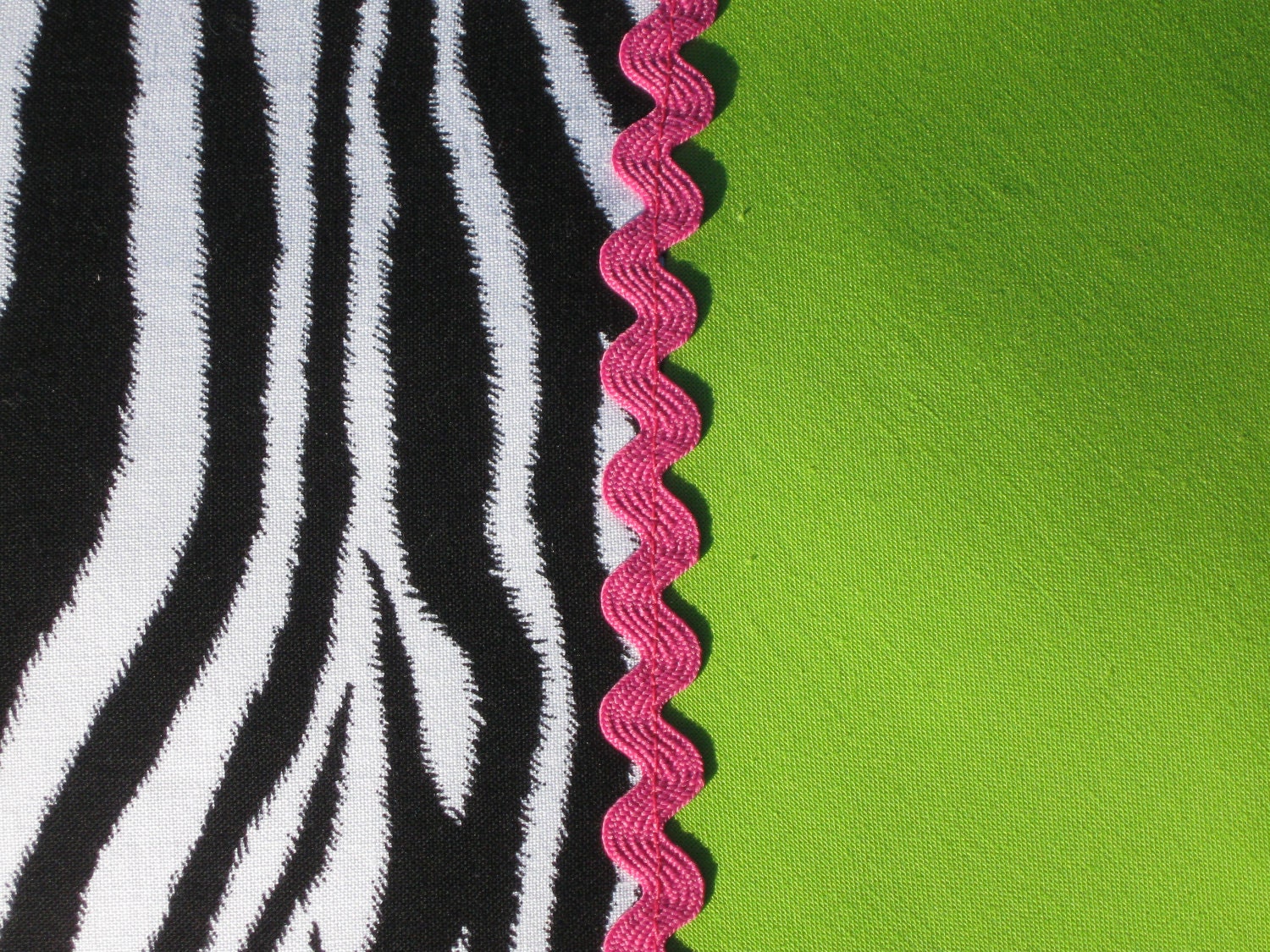 Zebra Print Pillow Cover w/ Lime Green and Hot Pink Rick Rack