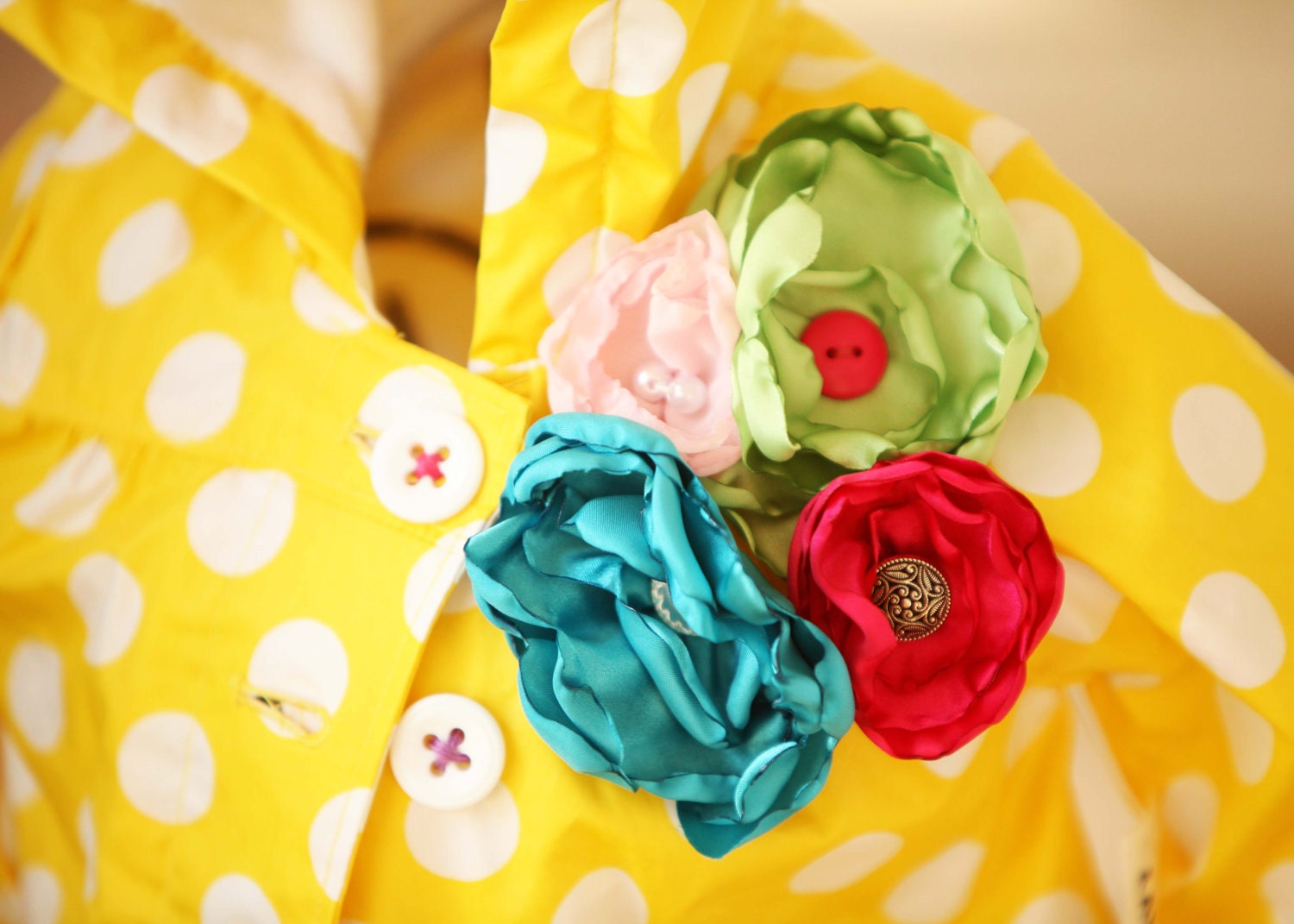 Yellow Polka Dot Infant Vinyl Coat with Fleece Lining and Beautiful Flower and Ric Rac Accents