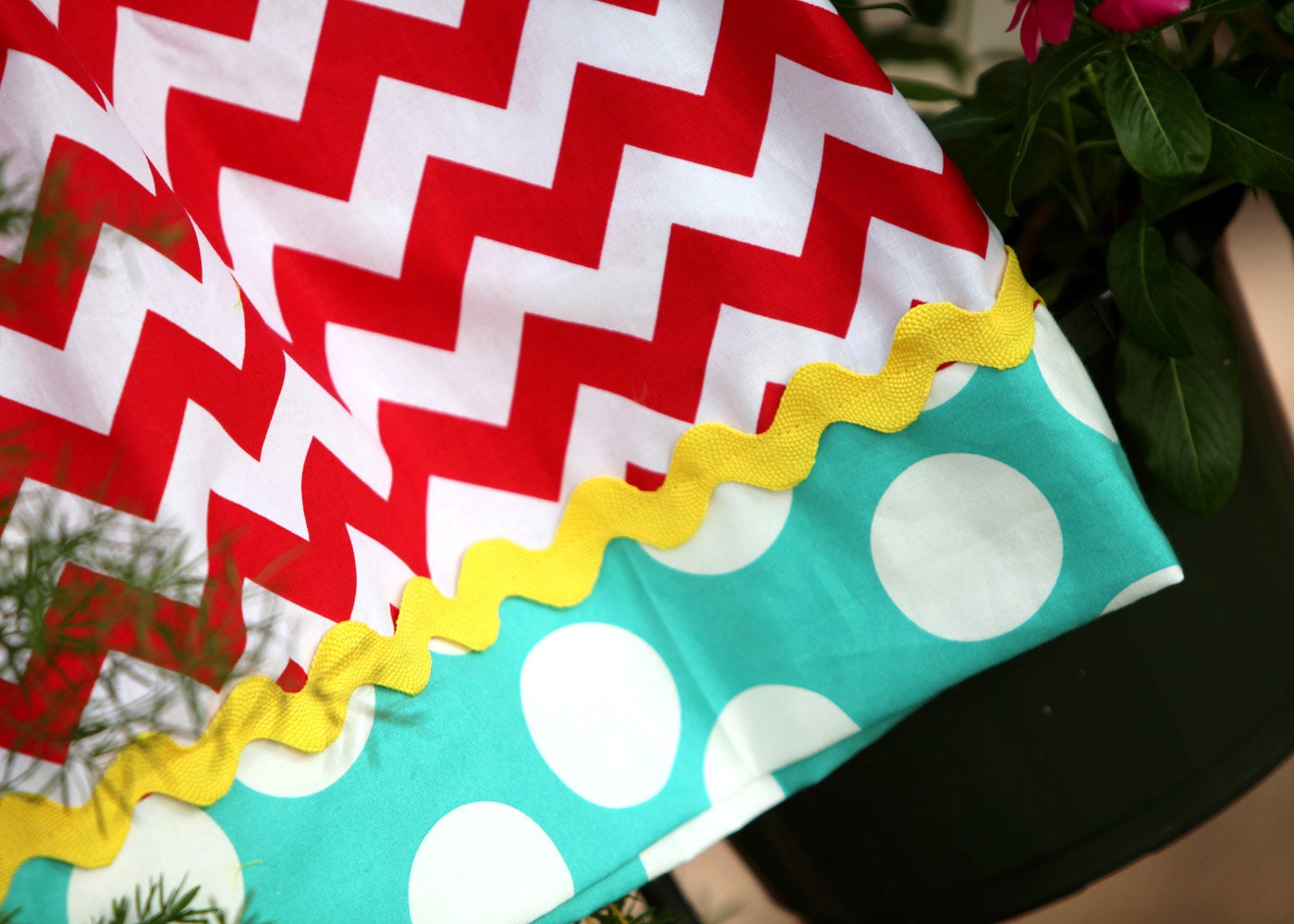 NOW Back in our SHOP Turquoise & Red Chevron Ruffle Dress with Yellow ric rac trim