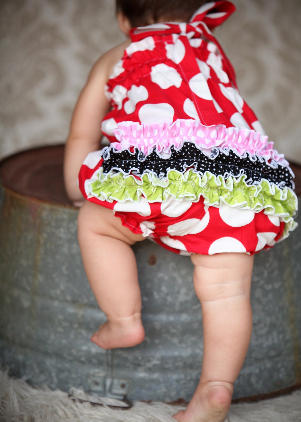 Infant Watermelon Baby Bubble with Detachable Polka Dot Flower Halter Back and Ruffle Bottom
