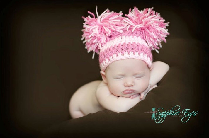 Baby Girl or Boy Newborn Striped Crochet Double Pom Pom Hat Photography Prop - Treasured Little Creations