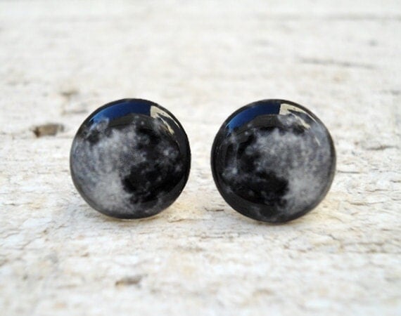 Full Moon Earrings, Glass Photo Small Ear Studs (E8)