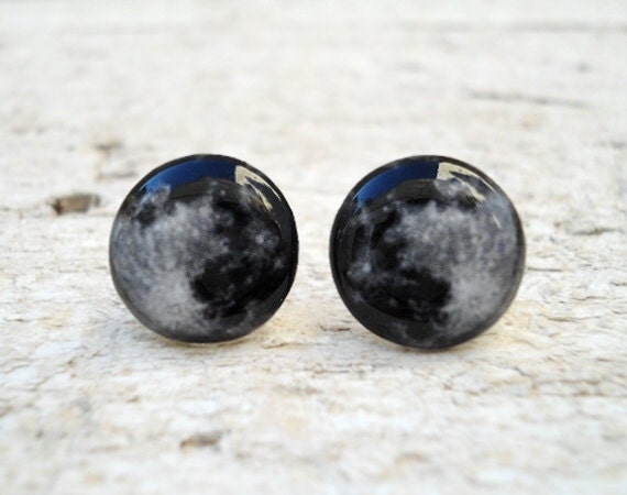 Full Moon Earrings, Glass Photo Small Ear Studs (E8)