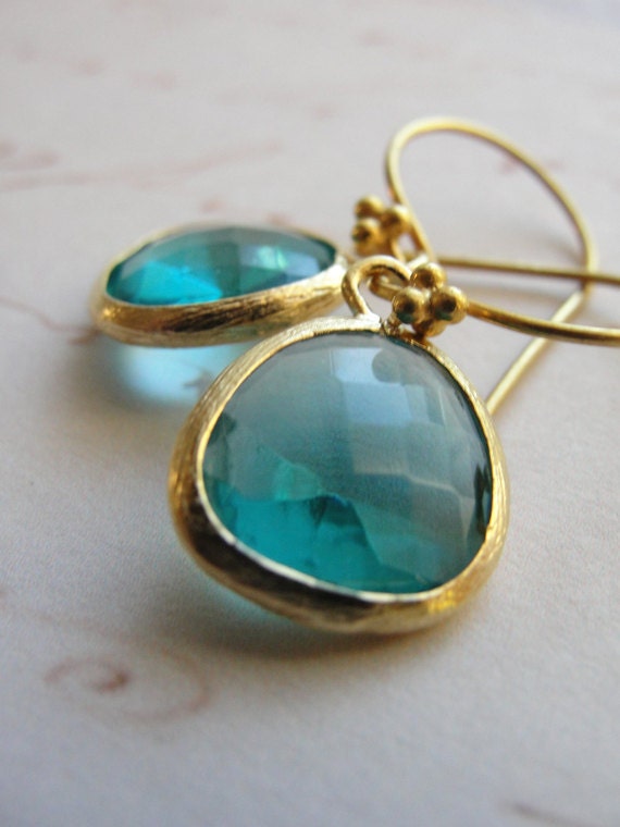Gold and teal earrings on gold vermeil wires - handmade silver and gold jewelry