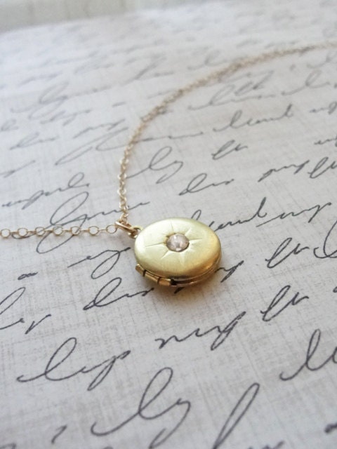 Small brass locket with crystal - small round locket on gold necklace - tiny locket