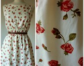 Vintage rose 1950's cream inspired sun dress. Handmade cotton wide neck dress. XS,S,M,L