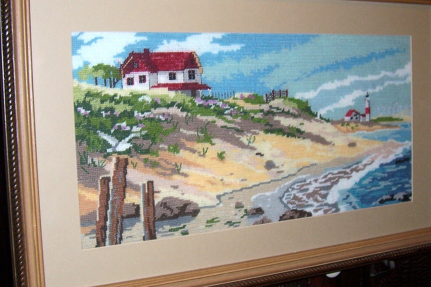 Vintage Needlepoint Sea Nautical Beach Framed Picture