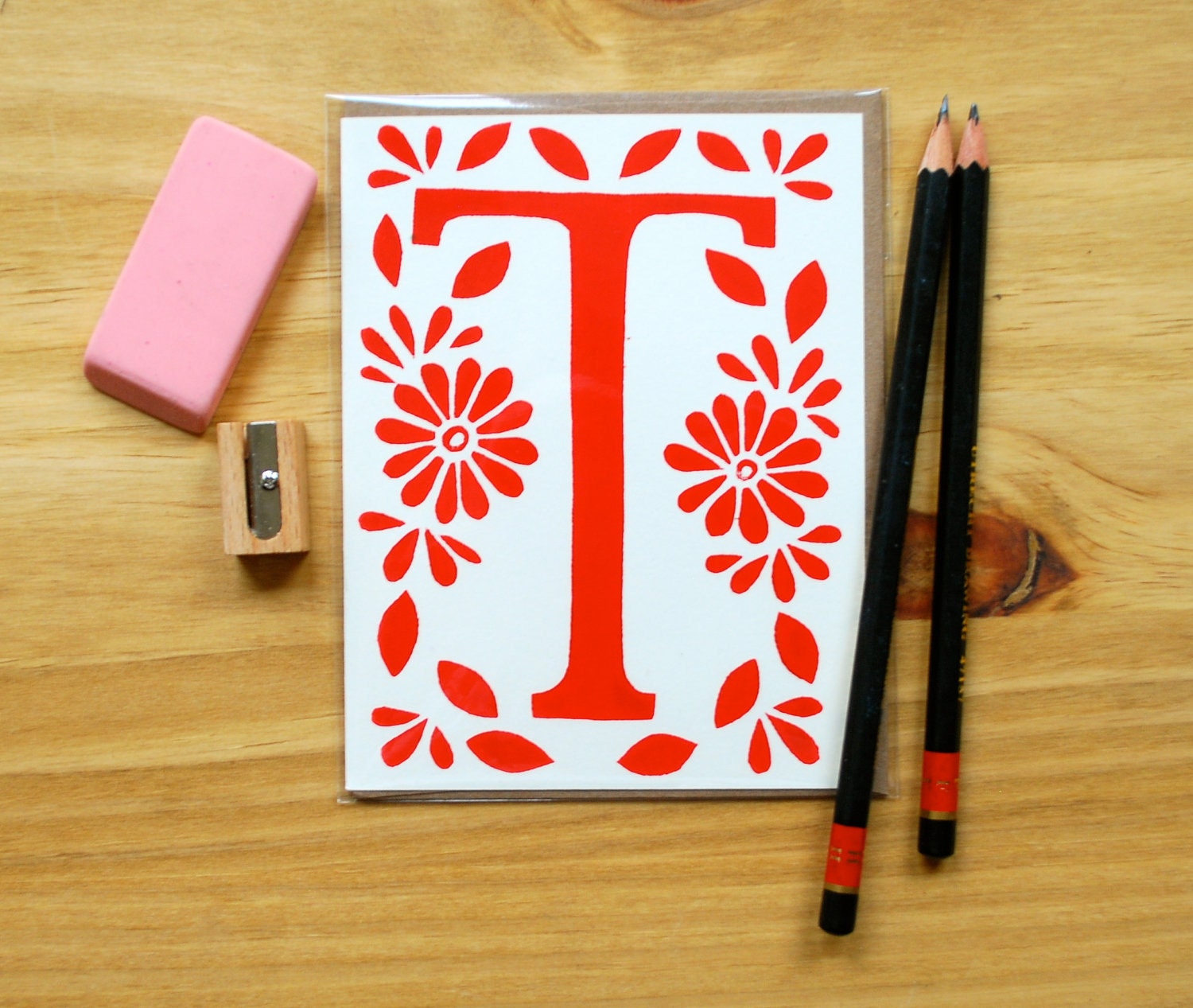 T - Single Hand Block Printed Monogram Card and Envelope