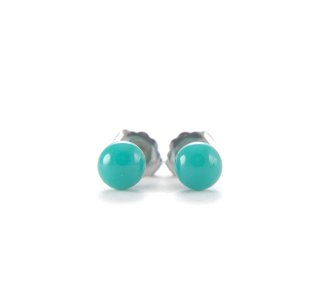 Fused glass stud earrings, teal green