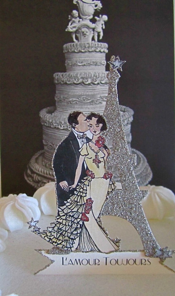 Custom Paris Wedding Cake Topper - Vintage Inspired 1920's Art Deco Bride And Groom Eiffel Tower - Silver Glass Glitter