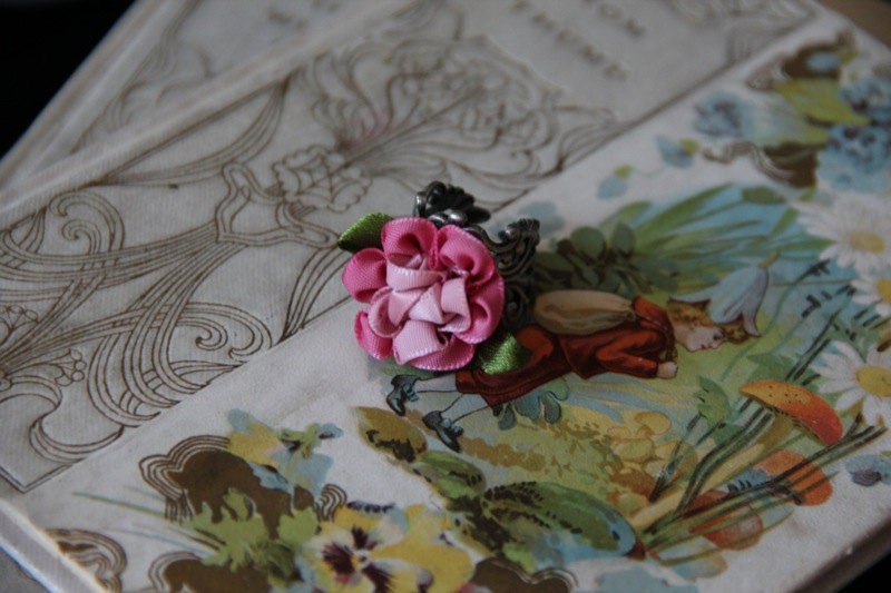 Fairy Tale Satin Flower Book Geek Girl Ring