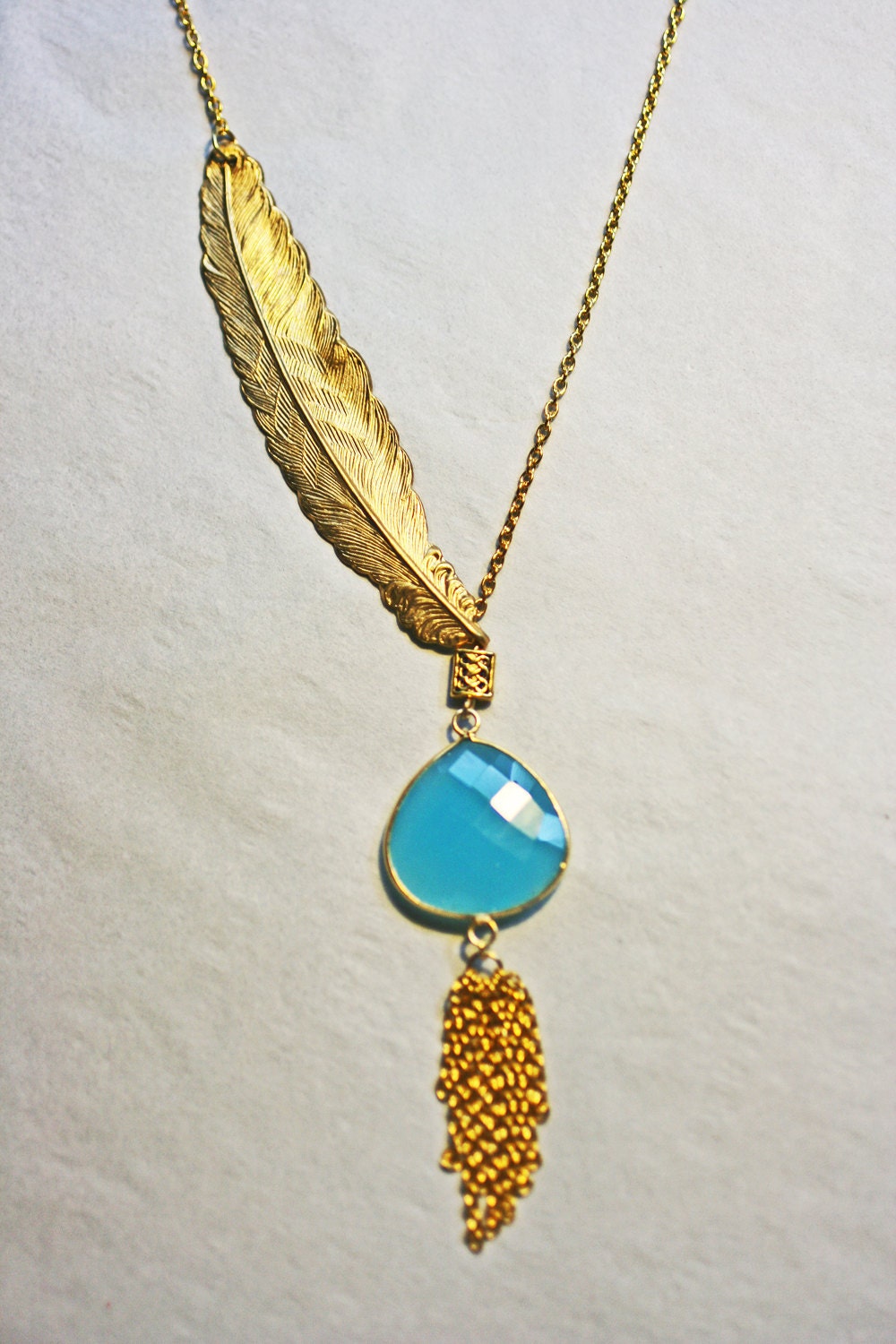 Aqua Chalcedony Feather Necklace