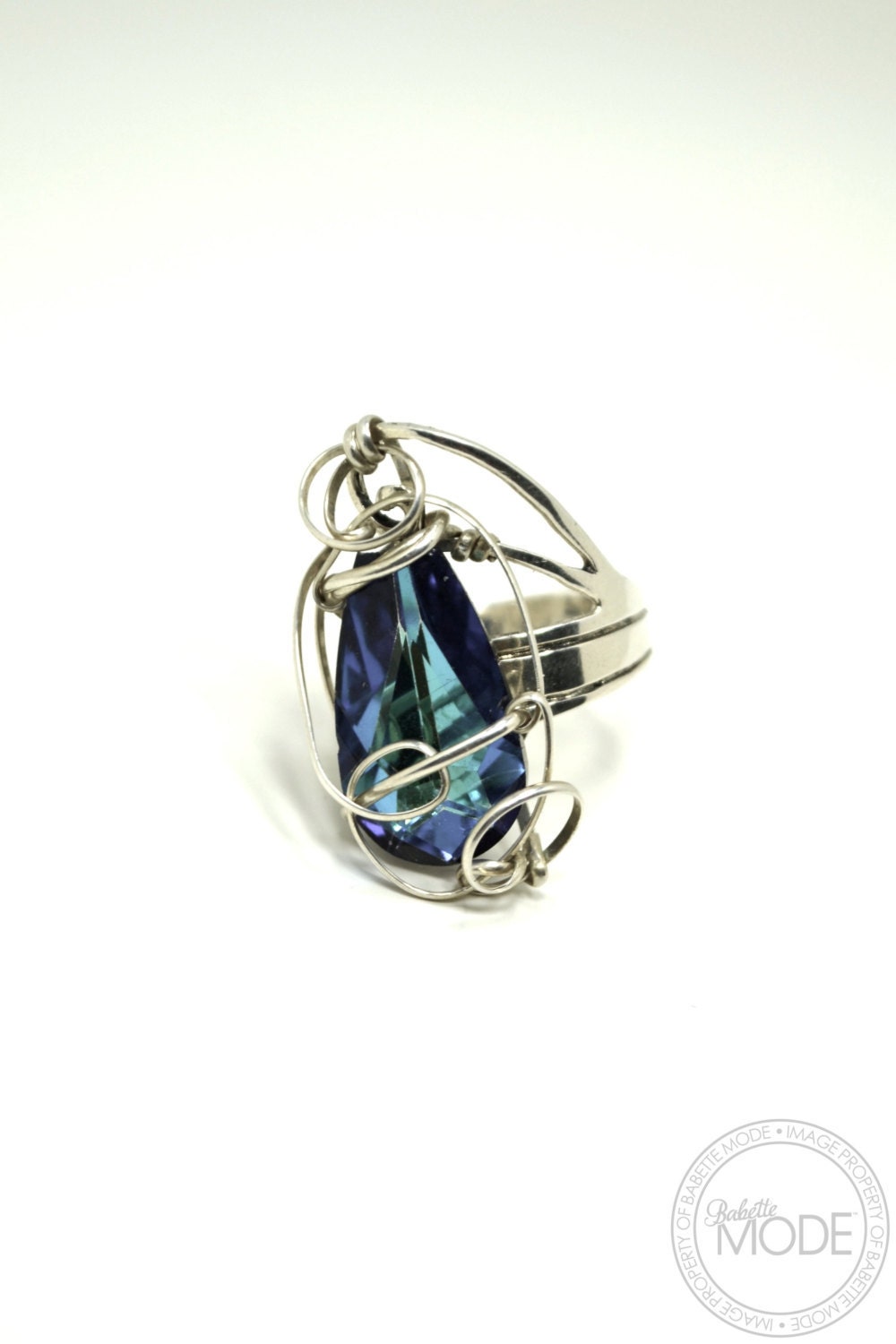 Unique Blue Crystal Silver Wire Ring
