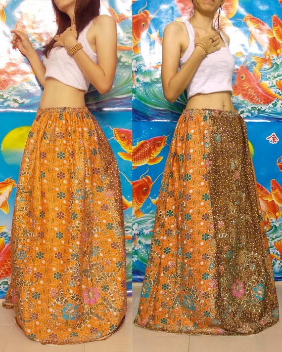 My Orange and Brown--Princess Long skirt--Plus Size, Thai Batik.