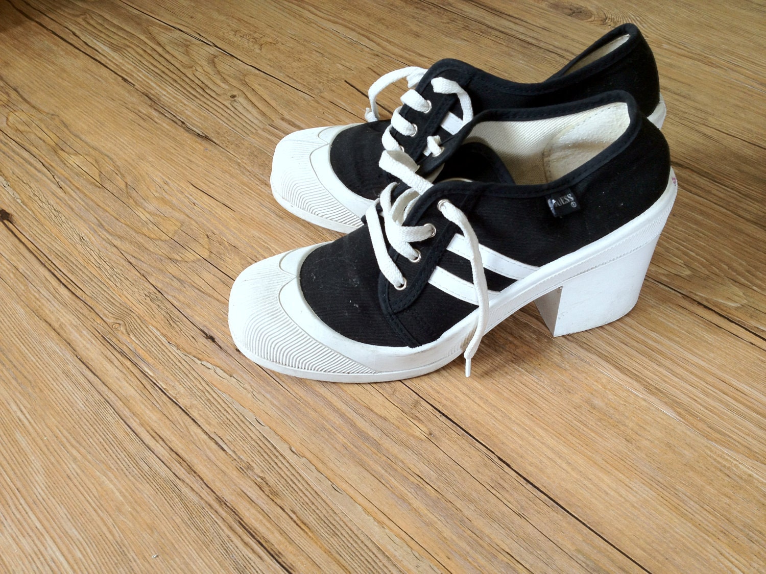 Vintage 1980s Guess Wingtip Black and White High Heel Sneakers - Size 37 38 Size 7 to 7-1/2