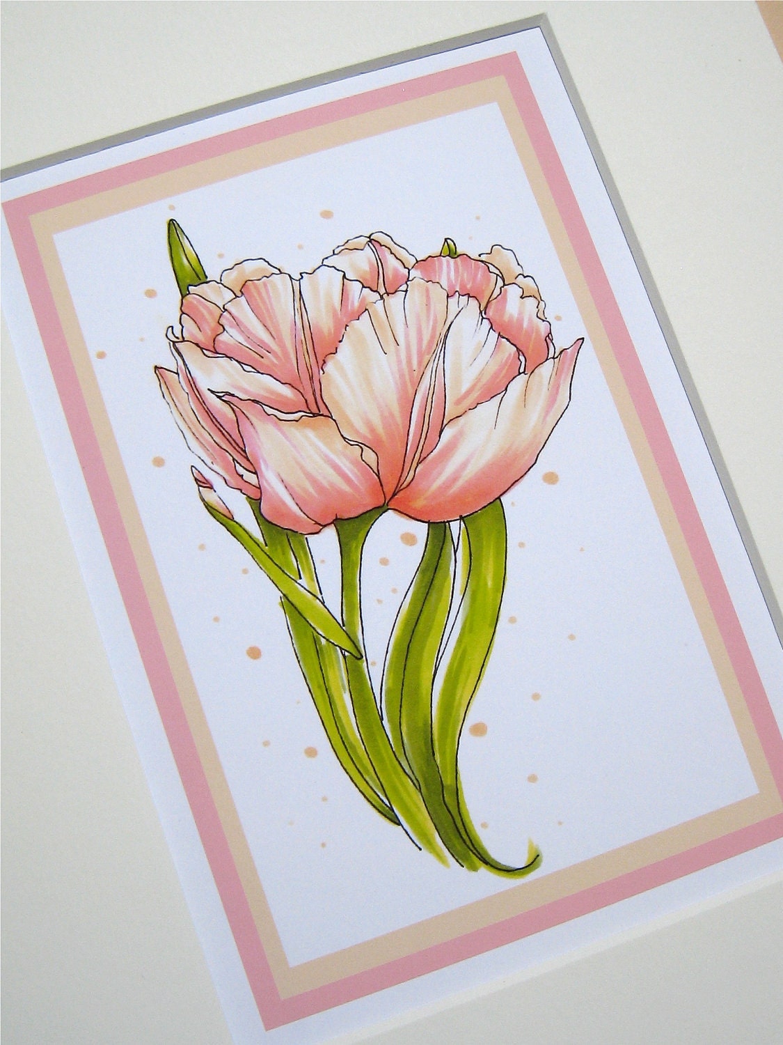 Tulips Art Print. Spring Flowers Illustration. Blush Pink. Small Print, Matted. 5x7