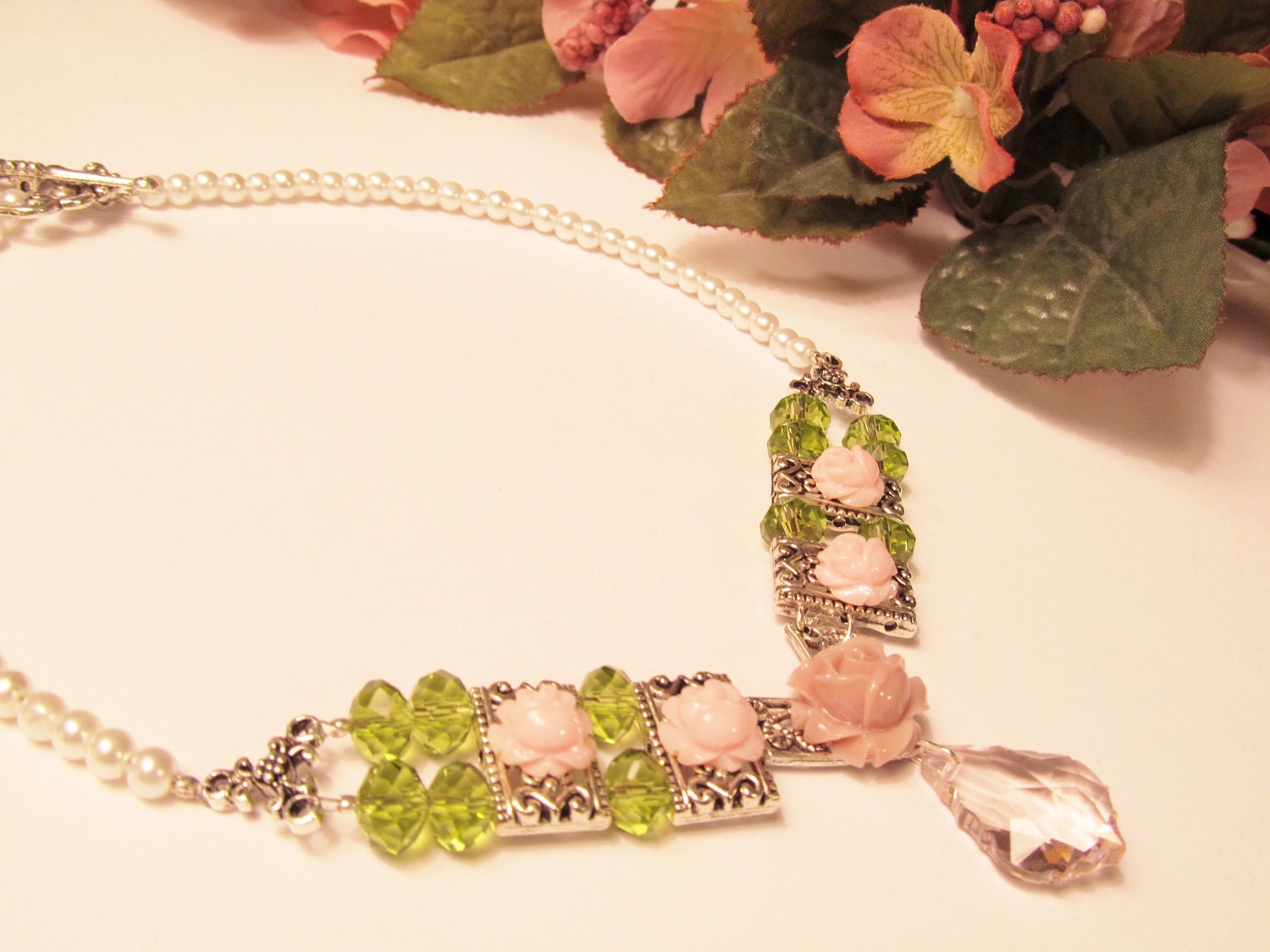 Pink Baroque Crystal Pendant Surrounded by Pink Roses, Spring Green Crystals and Pearls in this Wonderful Spring Necklace