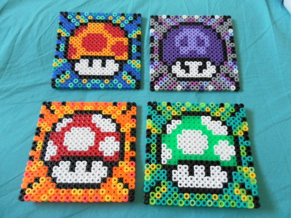 Nintendo Super Mario Bros. Mushroom set of FOUR Perler Bead Coasters