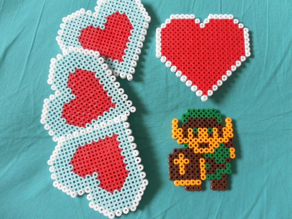 Zelda Nintendo heart container perler bead coasters PLUS Link magnet 8bit