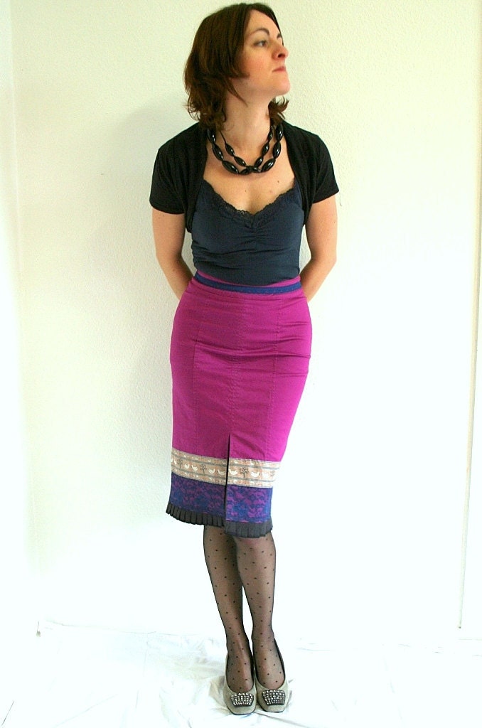 SALE Hot pink skirt pencil skirt - ribbon lace ruffle details - US size 4/6 XS/S extra small/small - clearance sale - Bartinki