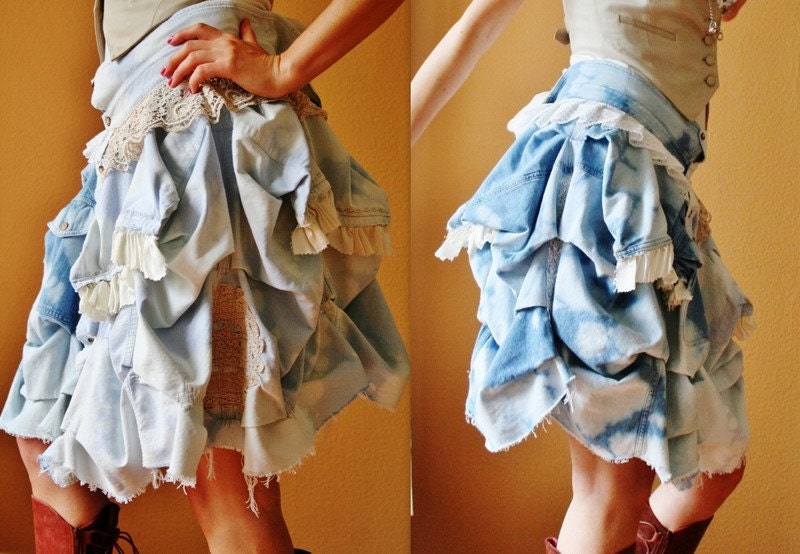 Boho gypsy skirt - denim and lace - unique piece - draped and funky - OOAK - size S/M/L - Us 6/8/10 - by Bartinki
