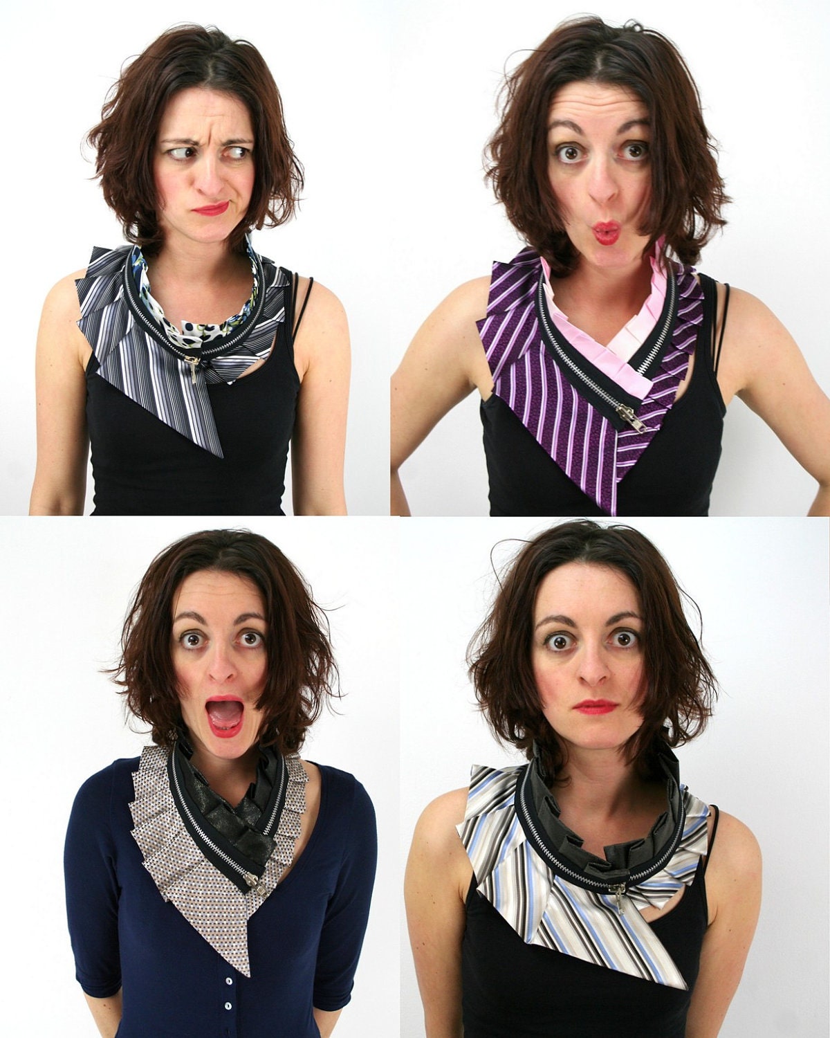 RESERVED Upcycled silk collar - zipper collar - unique piece - stripes and faux leather - one size