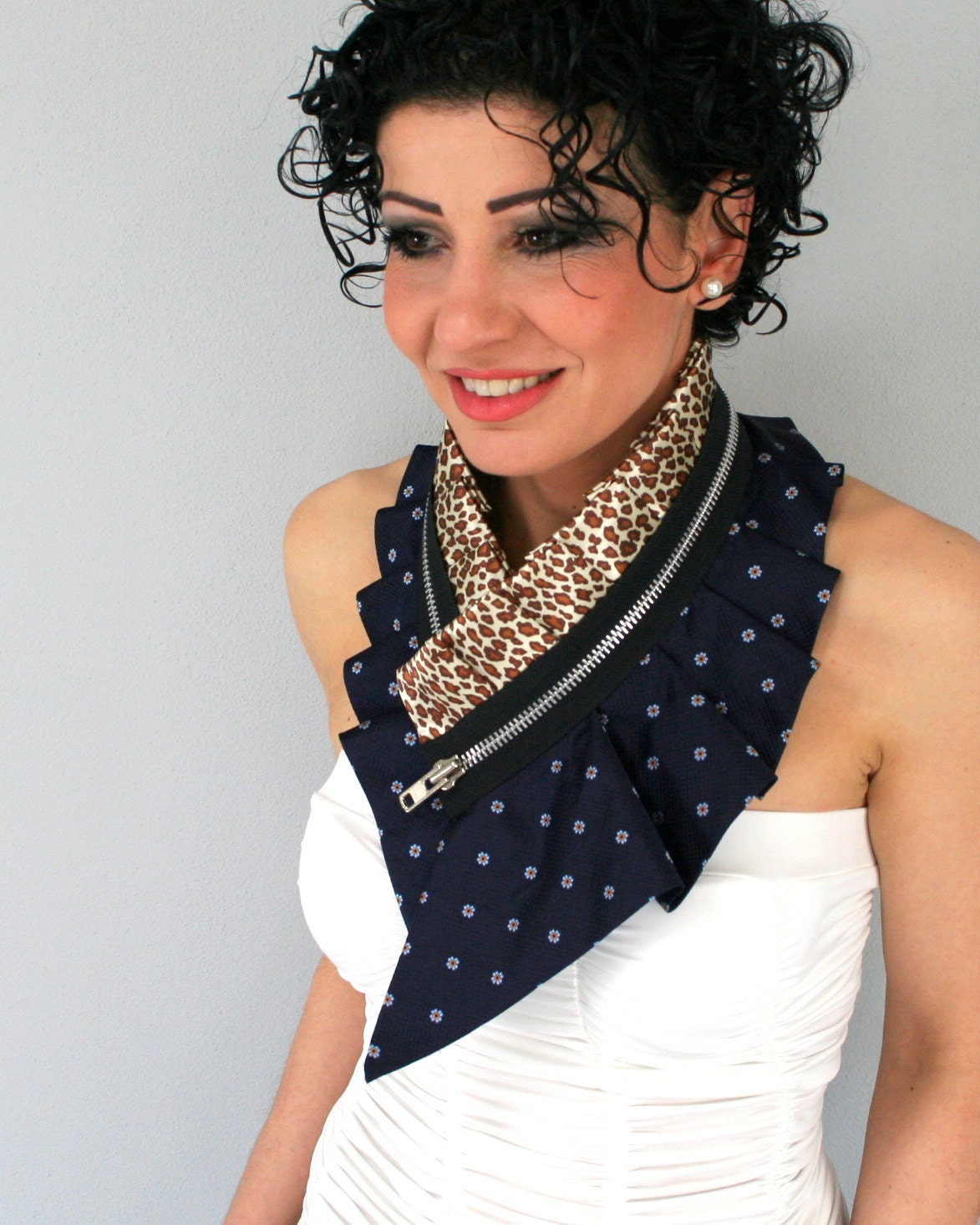 Animal print collar from upcycled silk in dark blue and animal print satin with black zipper, sophisticated collar necklace