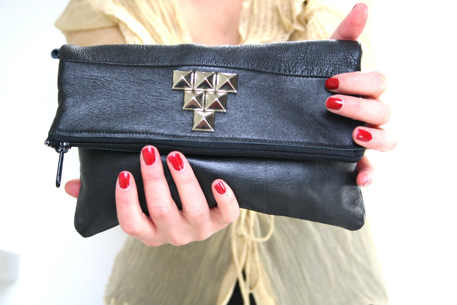 Black leather wristlet - studded - detachable strap - fold-over bag
