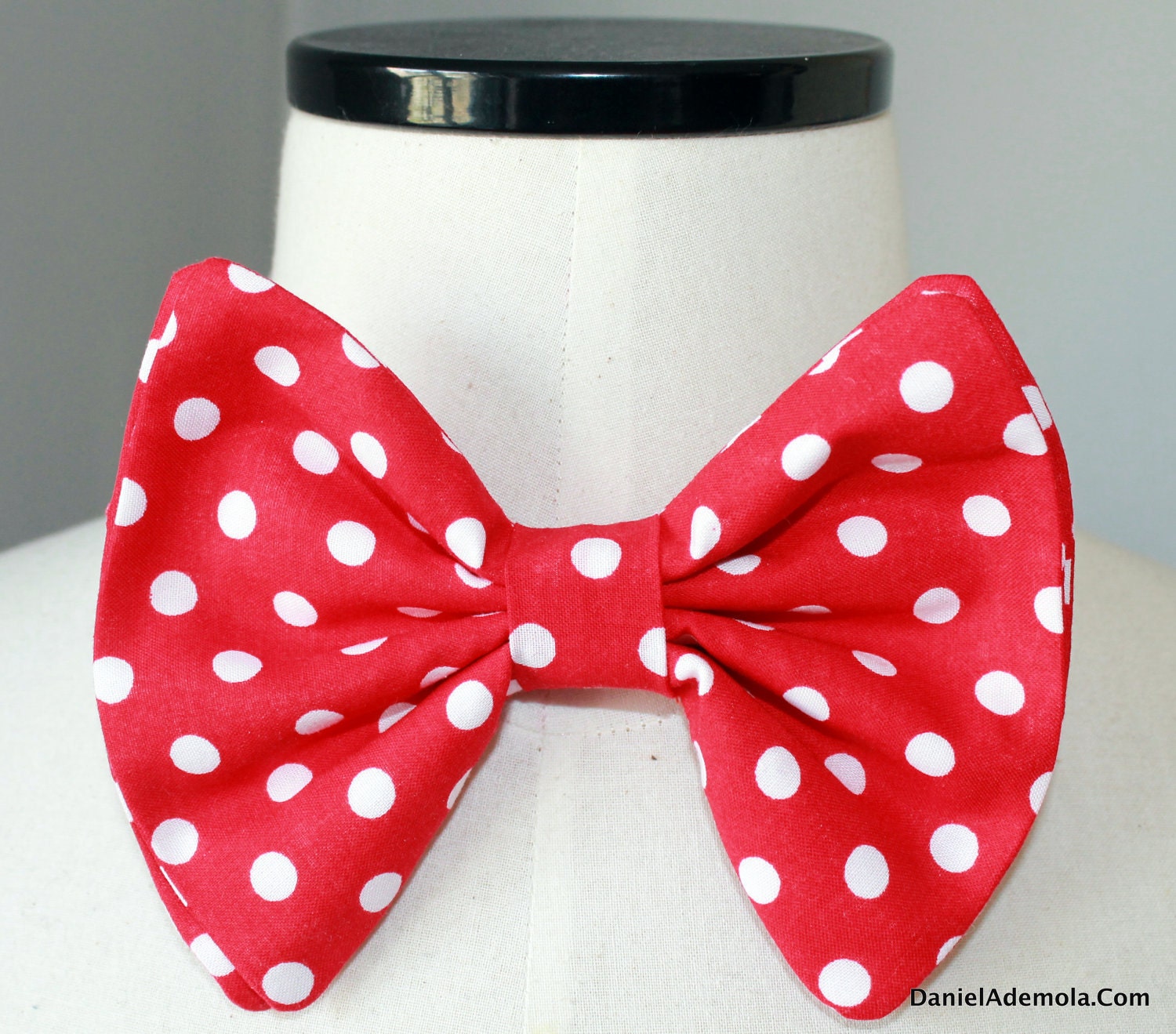 Red and white polka dot bow tie