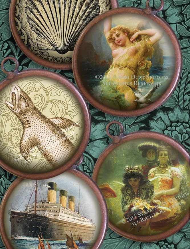 30mm Round Images - Victorian Sharks - Ships - Shells - Bathing Beauties - Digital Collage Sheet - Download and Print