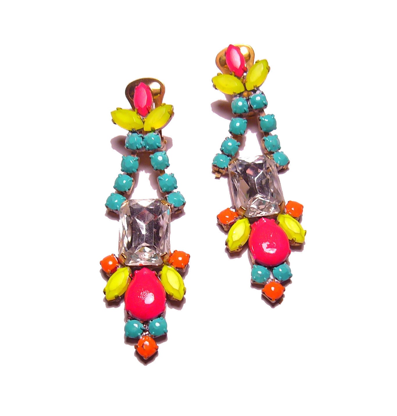 One of a Kind Neon Hand Painted Vintage Rhinestone Earrings - La Bohème