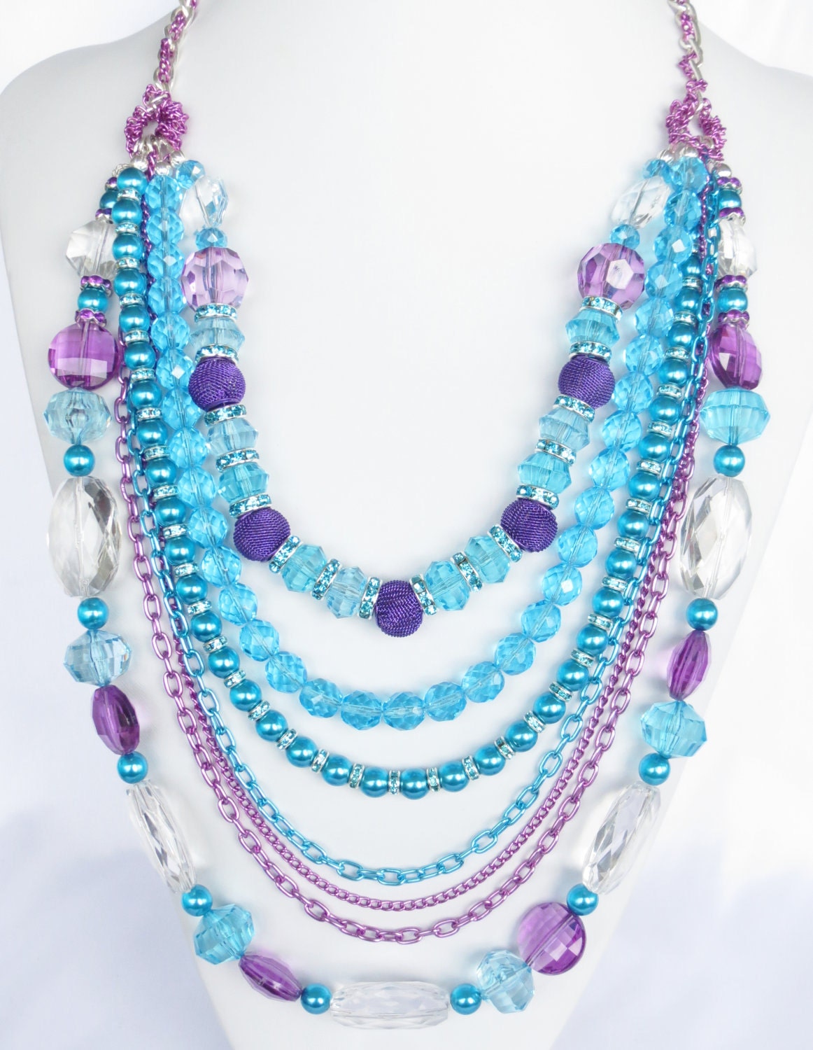 Chunky Blue and Purple Statement Necklace - Blingy Statement Necklace - Summer Necklace