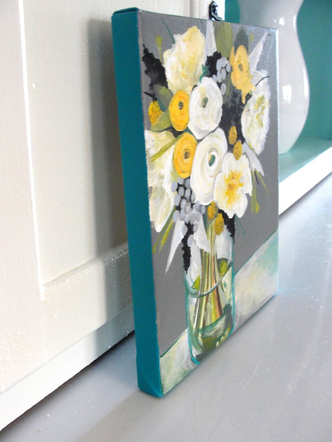 Original Floral Still Life Painting / 10 x 8" / "Yellow Meets Gray" / OOAK Acrylic on Canvas Painting / Yellow, Gray, Teal