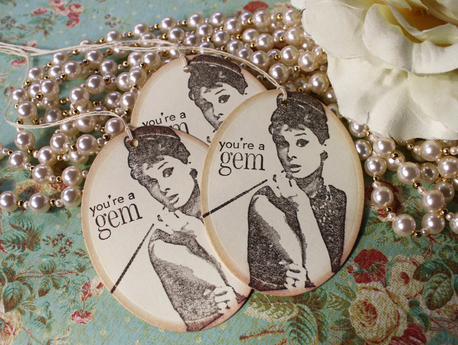 Gift Tags-Breakfast At Tiffany's- Audrey Hepburn- Cream- You're A Gem- Set of 6