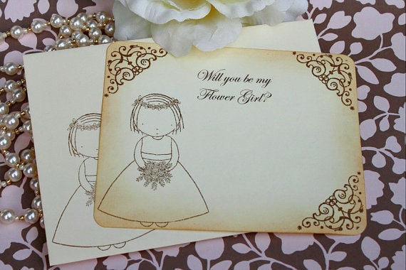 Flower Girl Card Set- Will You Be My Flower Girl- Set of Card & Envelope- Dark Brown