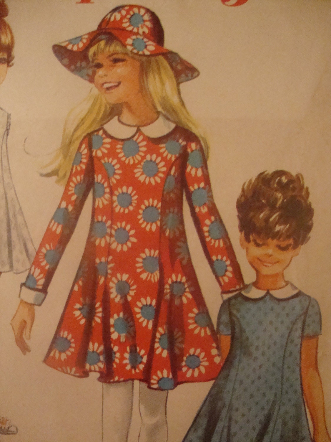 lovely vintage 1968 girls DRESS sun hat sewing pattern princess seams TRUMPET skirt long sleeves SIZE 7 peter pan collar detachable cuffs