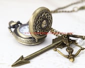 Pocket Watch locket Necklace, with bow, arrow, lovely bird and pearl