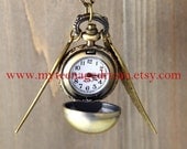 Harry potter Enchanted Golden Snitch ball pocket WATCH ball with Double Sided Brass Wings, locket Ball necklace