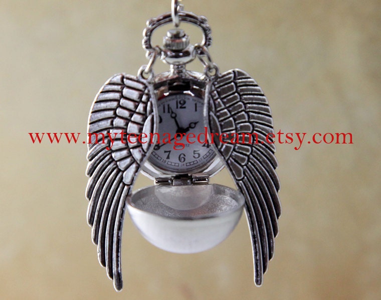 Harry potter Enchanted Golden Snitch ball Silver Ball locket pocket WATCH with Double Sided Silver Wings necklace