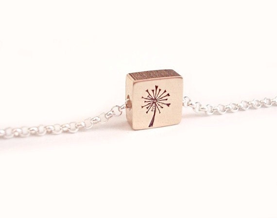 Portrait of a Dandelion - Free Floating Tiny Square Brass Necklace Pendant Handstamped - silvermustangs