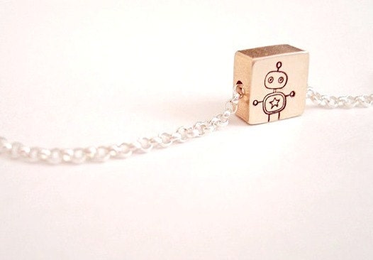 Portrait of Mr. Robot - Free Floating Tiny Square Brass Necklace Pendant Handstamped