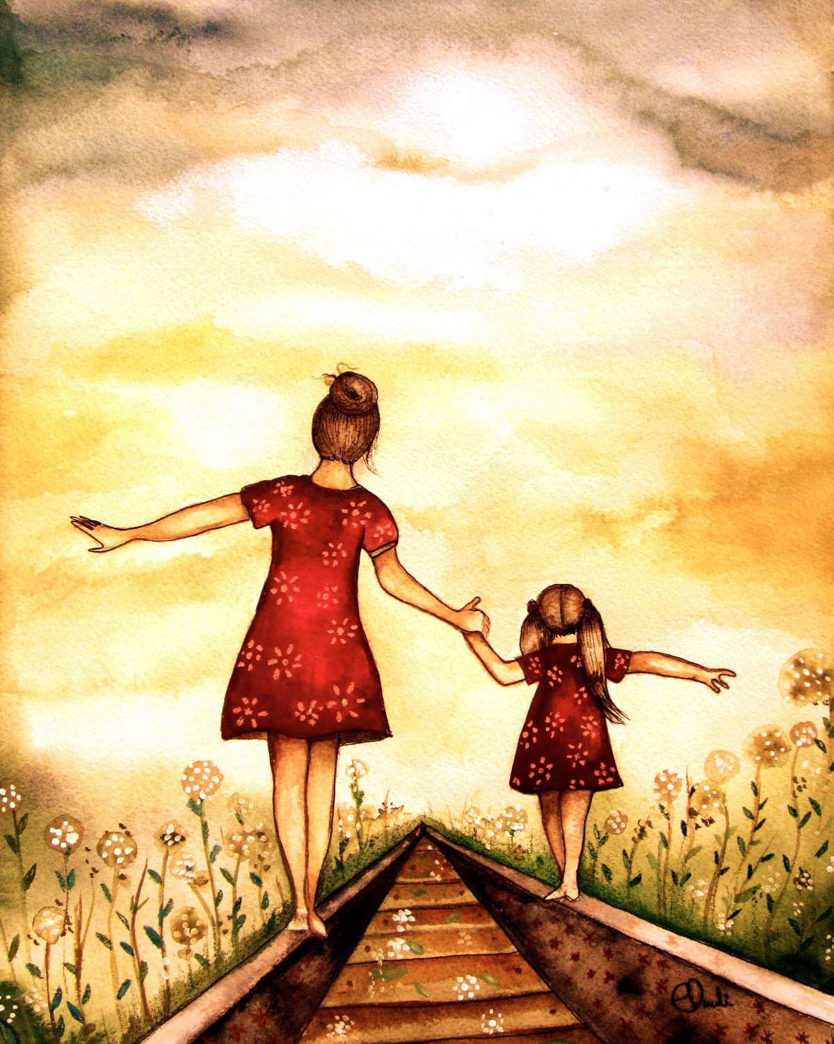 Mini print  Mother and daughter "our path" art print, gift idea mother's day