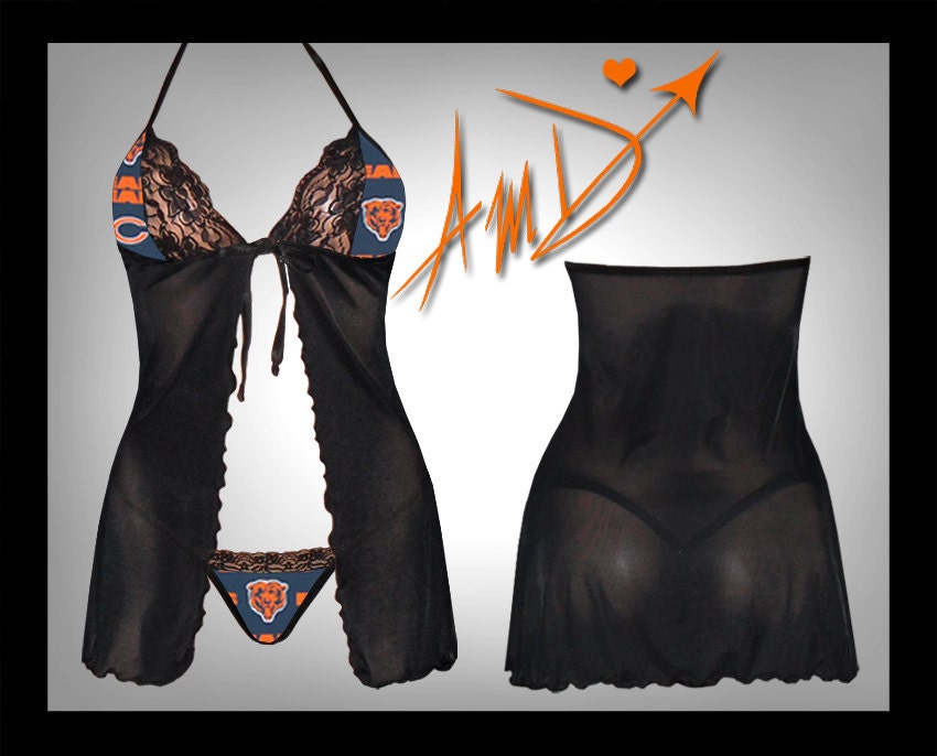 NFL Chicago Bears lSexy custom made to fit lingerie scalloped lace accent teddy baby doll dress with matching G string set
