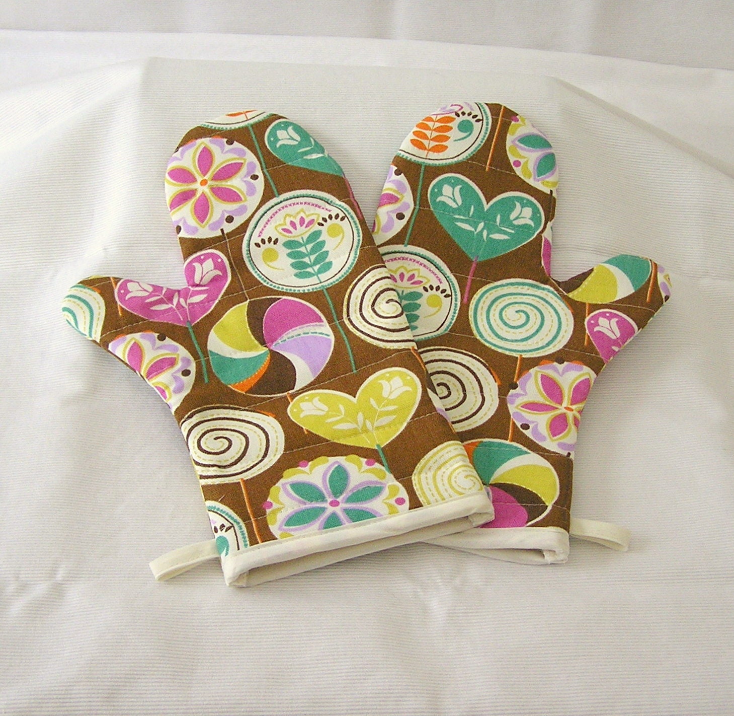 Oven Mitts Quilted Handmade One Pair Brightly Colored Candyland Design Fabric