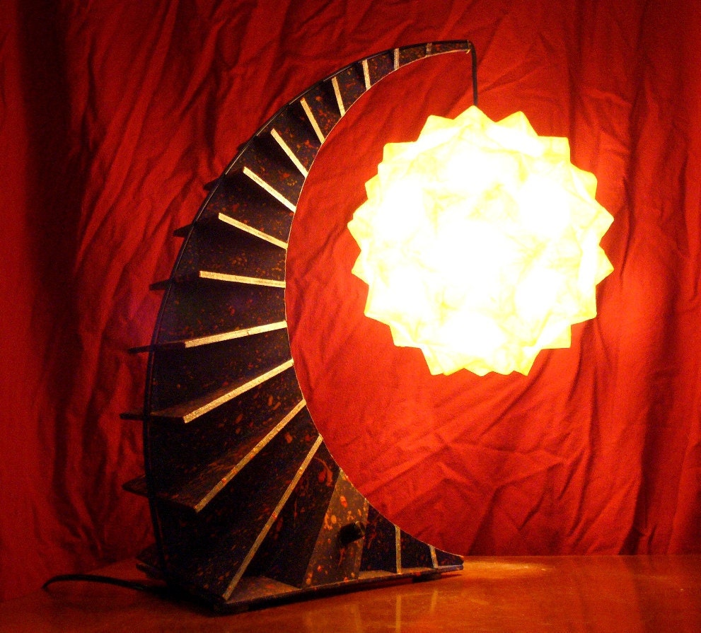 Wild Blue Segmented Table Lamp with Orange Origami Lantern