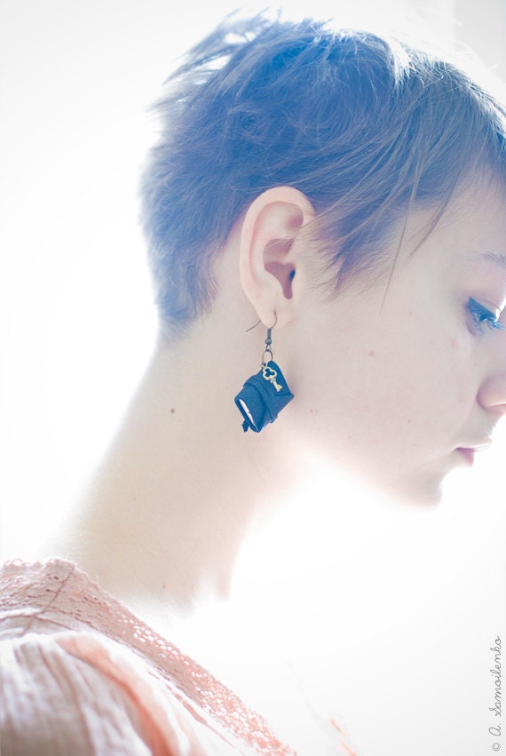 Tiny leather black book earrings - handmade jewelry