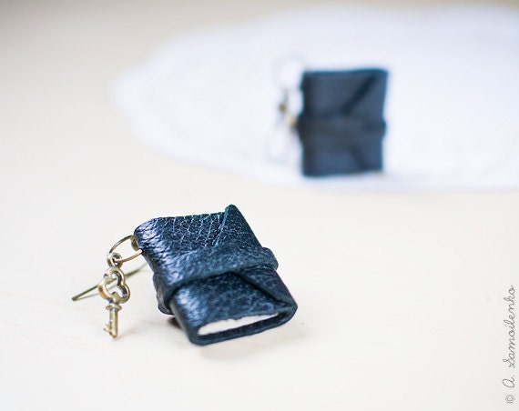 Tiny leather black book earrings - handmade jewelry