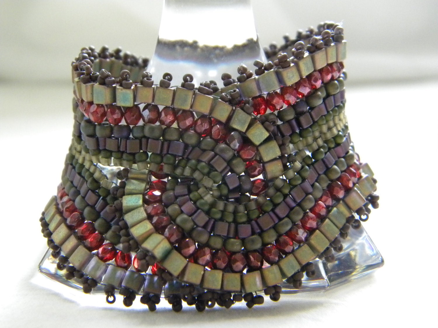 Bold ... beadwoven bracelet cuff cranberry exotic egyptian bold wide enchanting faerie queen celery moss olive sage green eggplant purple