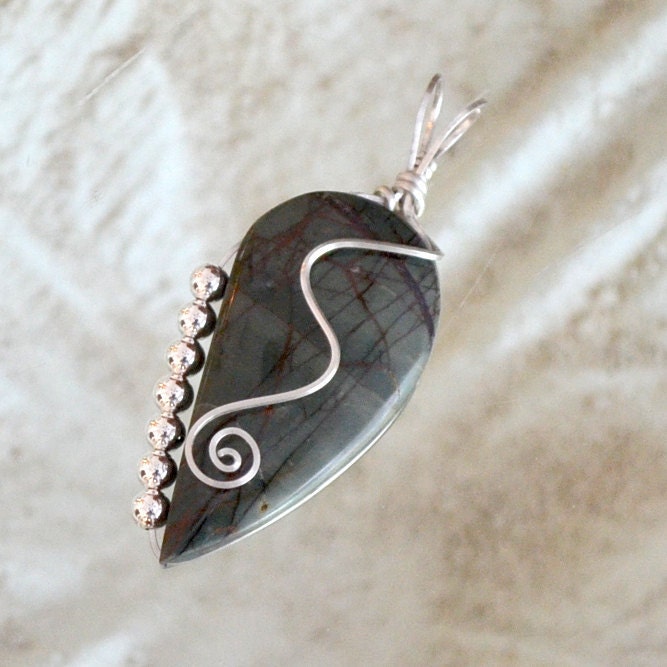 Blue picasso jasper and Sterling Silver wire pendant. "Winter night sky" one of a kind